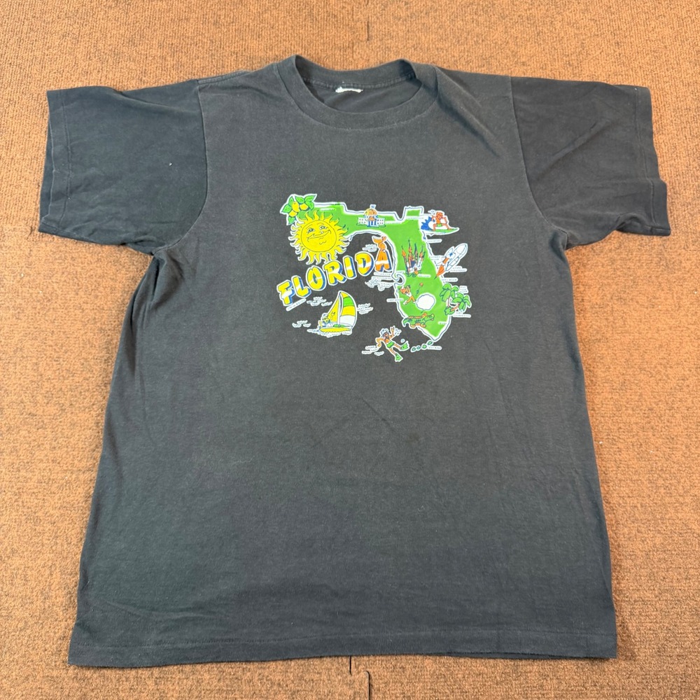 Vintage Florida State Map Souvenir T-Shirt Black Graphic Tee Retro Travel Cotton